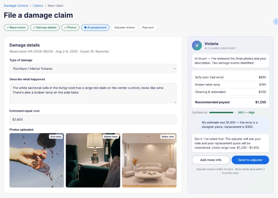 Velaris damage workflow showing damage details, uploaded photos, assessment, review, and payment